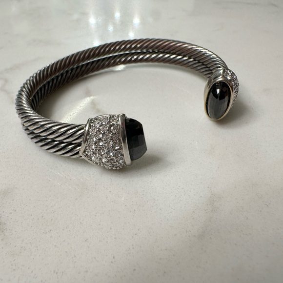 Cable Cuff Bracelet with Black Crystals and CZ, Silver Tone Adjustable Open Cuff - Picture 10 of 16